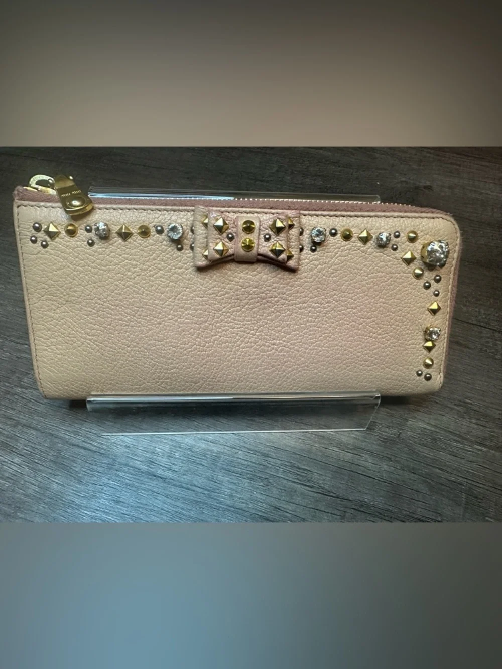 Miu Miu Studded Bow Crystal Embellished L-Zip Wallet